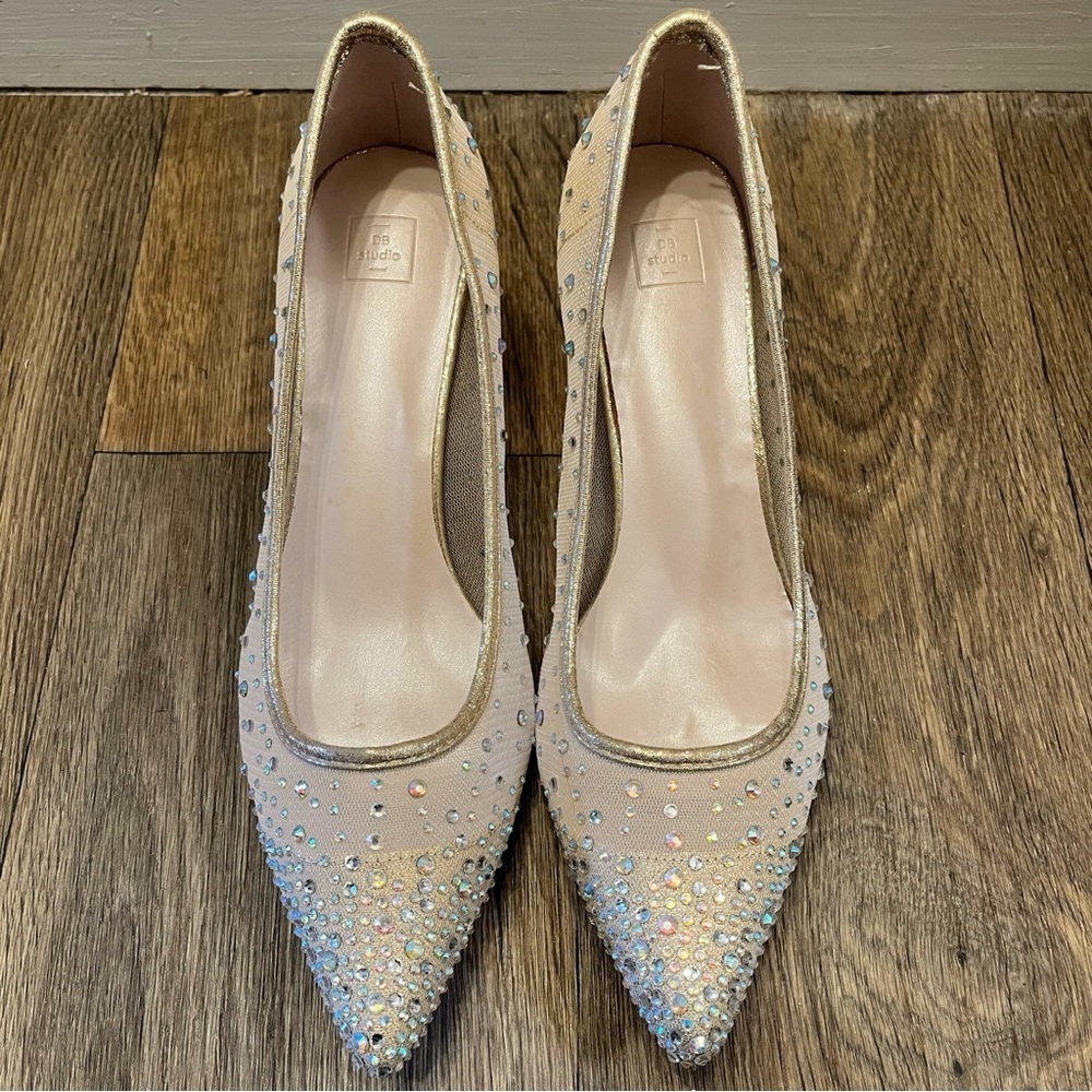 Elegant Beige Rhinestone Kitten Heels - Picture 8 of 9